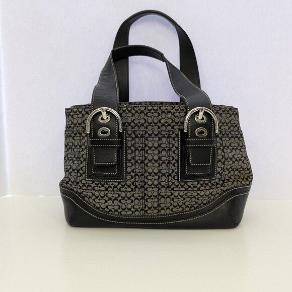 Coach Black/Gray Signature Canvas Small Double Strap Satchel Bag. - Picture 1 of 6